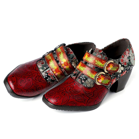 Genuine Leather Florals Hook Loop Pumps