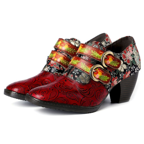 Genuine Leather Florals Hook Loop Pumps