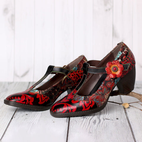QueenBoho Retro Embroidered Leather High Heels