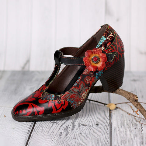 QueenBoho Retro Embroidered Leather High Heels