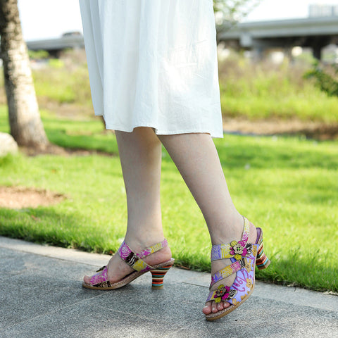 Handmade Leather Colored Stripe Heel Comfy Sandals
