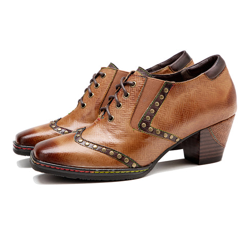 Leather hand-rubbed retro rivet lace-up chunky heel high-heeled women's Heels