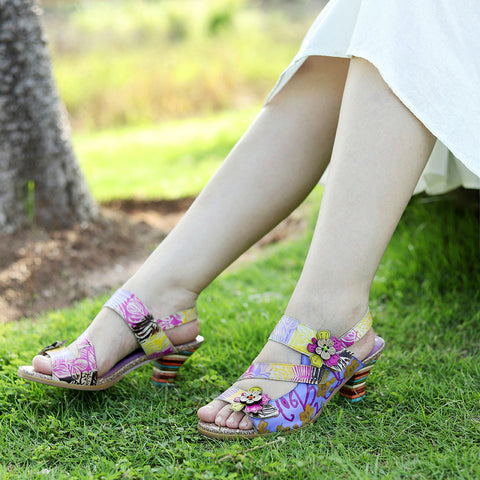 Handmade Leather Colored Stripe Heel Comfy Sandals