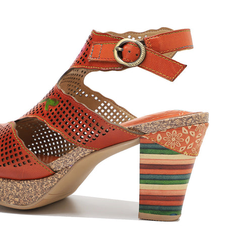 Fish Mouth Cutout Leather Colored Stripe Heel Sandals
