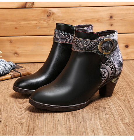 Handmade Floral Embossed Ankle Boots
