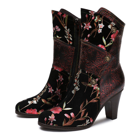 Hand Painted Leather High Heel Ankle Boots