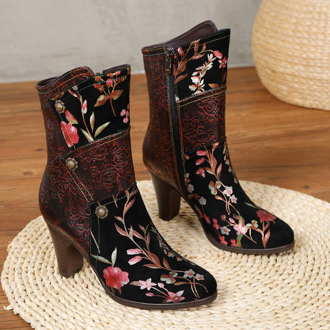 Hand Painted Leather High Heel Ankle Boots