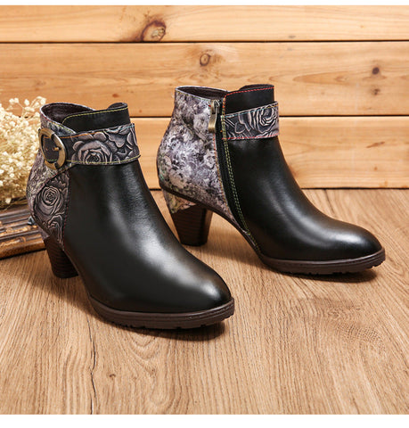 Handmade Floral Embossed Ankle Boots