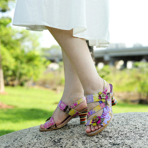 Handmade Leather Colored Stripe Heel Comfy Sandals