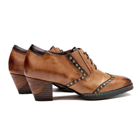 Leather hand-rubbed retro rivet lace-up chunky heel high-heeled women's Heels