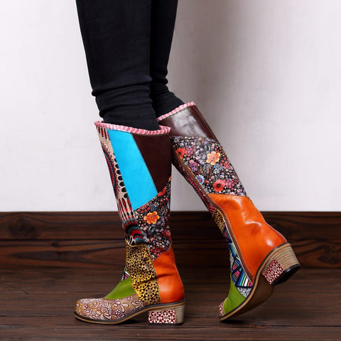 QueenBoho Casual Retro Leather Boots Knee High Boots
