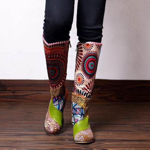 QueenBoho Casual Retro Leather Boots Knee High Boots