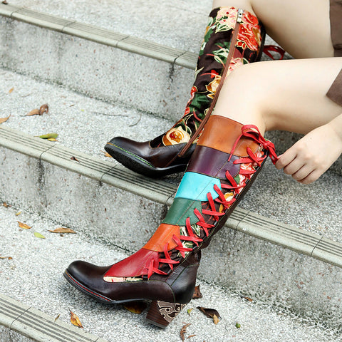 Leather Handmade Embossed Adjustable Boots