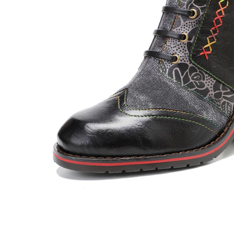 Retro Patchwork Color Contrast Comfort Block Heel Booties