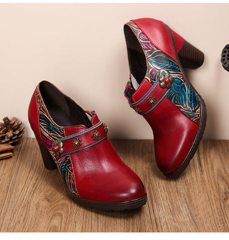 Handmade Retro Red Leather Pumps
