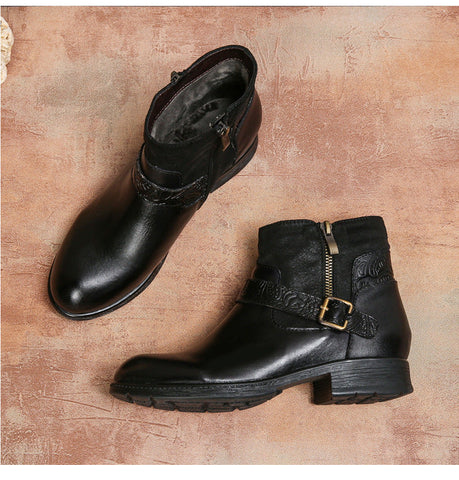 Handmade Leather Embossed Comfy Ankle Boots