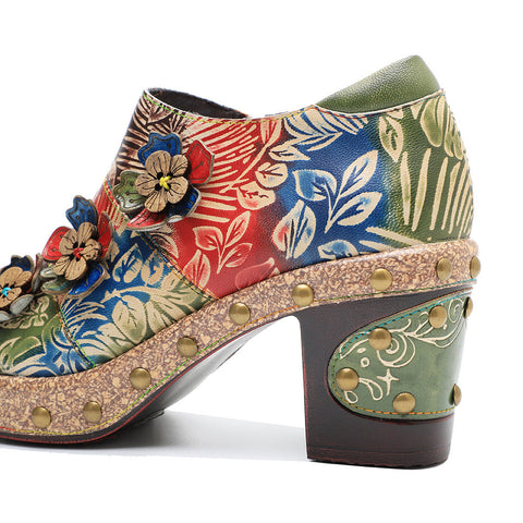 Retro Floral Handmade Rivet Comfort Block Heel Pumps