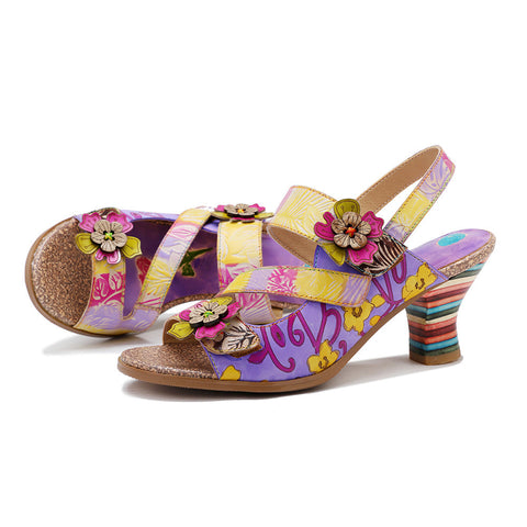 Handmade Leather Colored Stripe Heel Comfy Sandals