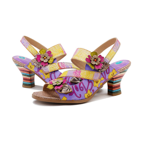 Handmade Leather Colored Stripe Heel Comfy Sandals