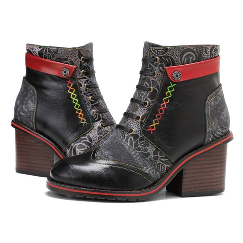 Retro Patchwork Color Contrast Comfort Block Heel Booties