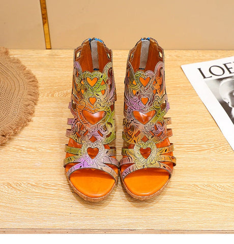 Bohemia Leather Snake Pattern Block Heel Comfy Heeled Sandals
