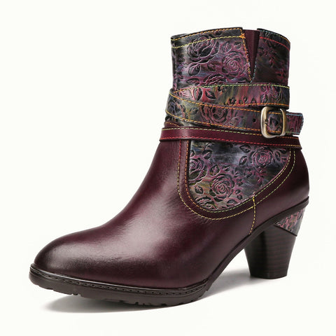 Handmade Floral Embossed Ankle Boots