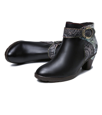 Handmade Floral Embossed Ankle Boots