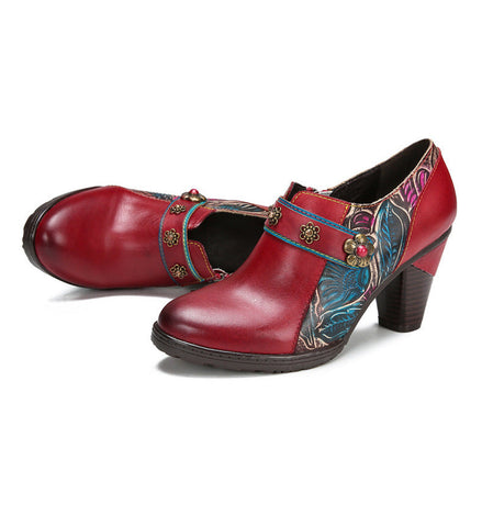 Handmade Retro Red Leather Pumps