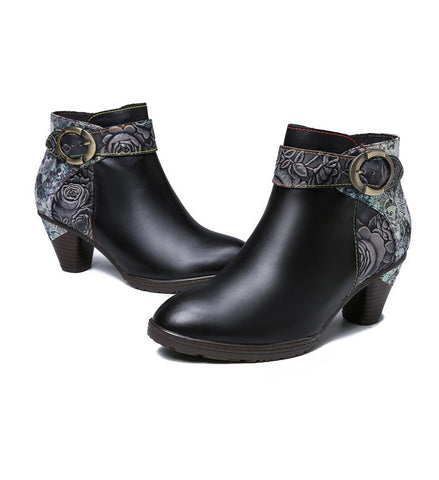 Handmade Floral Embossed Ankle Boots