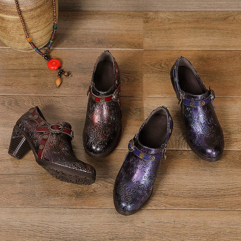 Retro Floral Embossed Round Toe Pumps