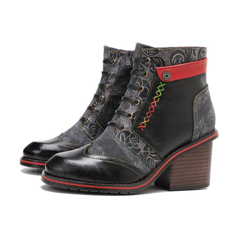 Retro Patchwork Color Contrast Comfort Block Heel Booties
