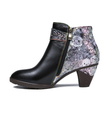 Handmade Floral Embossed Ankle Boots