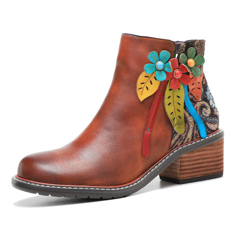 Vintage Handmade Leather Floral Ankle Boots
