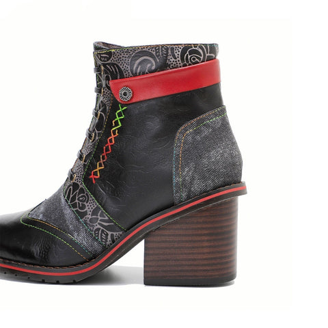 Retro Patchwork Color Contrast Comfort Block Heel Booties