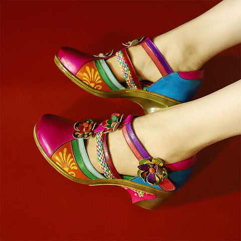 Women Bohemian Leather Printing Stitching Non-slip Breathable Sandals
