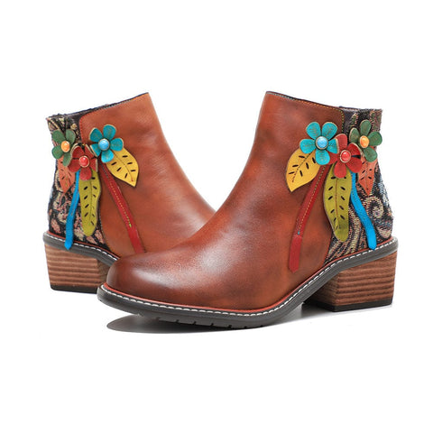 Vintage Handmade Leather Floral Ankle Boots