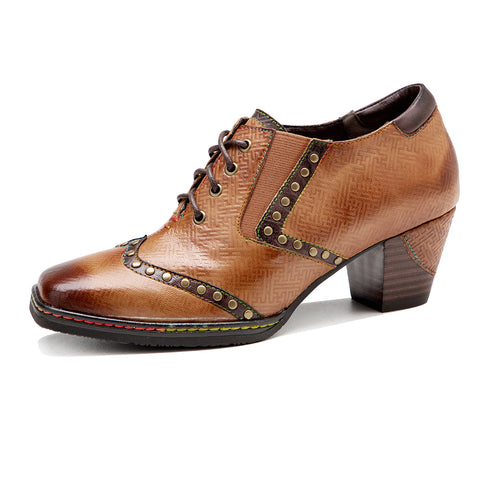 Leather hand-rubbed retro rivet lace-up chunky heel high-heeled women's Heels