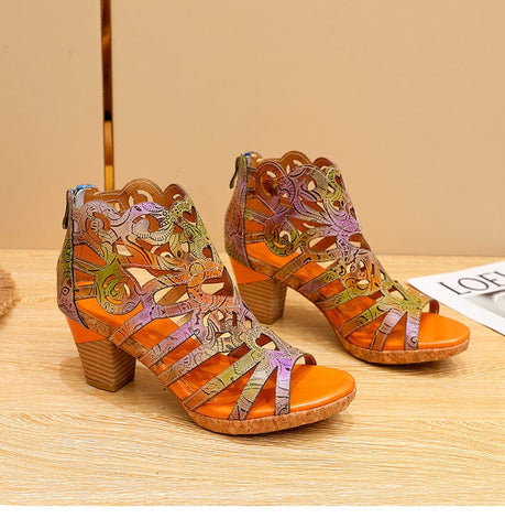 Bohemia Leather Snake Pattern Block Heel Comfy Heeled Sandals