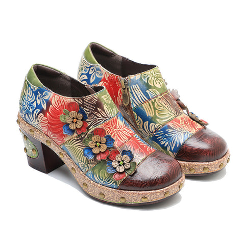 Retro Floral Handmade Rivet Comfort Block Heel Pumps