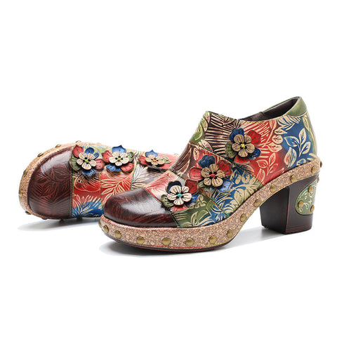 Retro Floral Handmade Rivet Comfort Block Heel Pumps