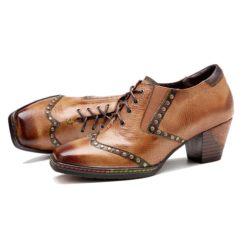 Leather hand-rubbed retro rivet lace-up chunky heel high-heeled women's Heels