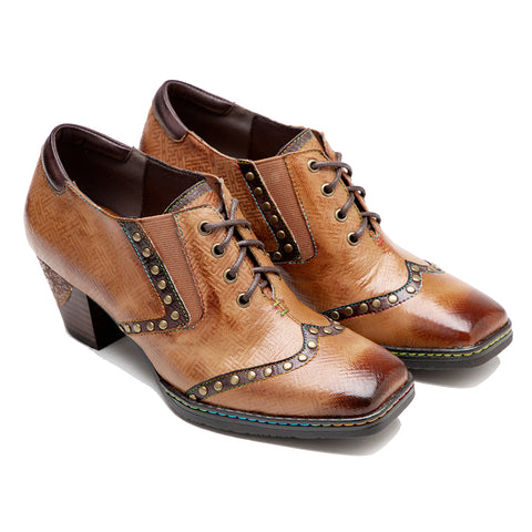 Leather hand-rubbed retro rivet lace-up chunky heel high-heeled women's Heels