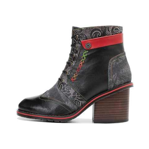 Retro Patchwork Color Contrast Comfort Block Heel Booties