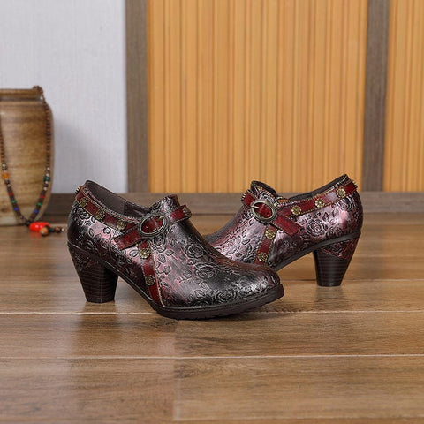 Retro Floral Embossed Round Toe Pumps