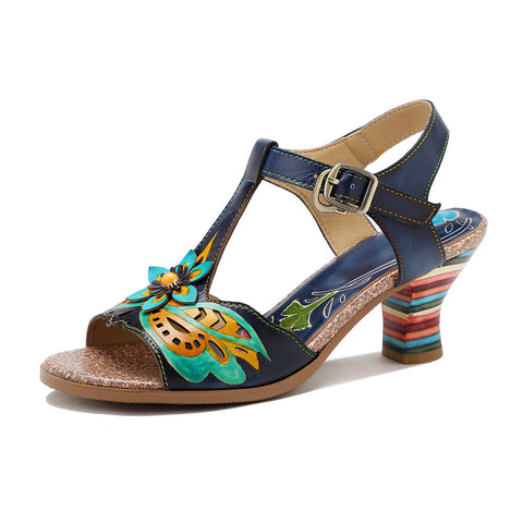Retro Handmade Colored Stripe Heel Comfy Sandals
