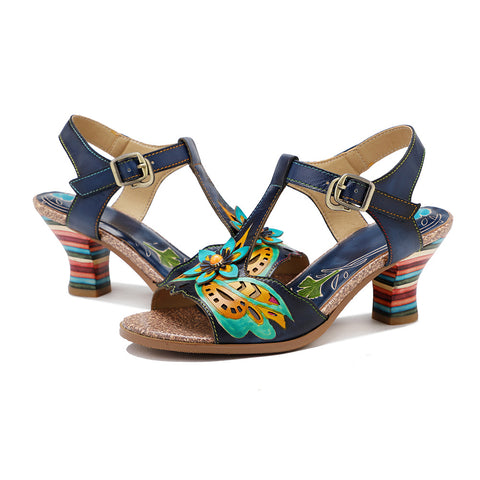 Retro Handmade Colored Stripe Heel Comfy Sandals