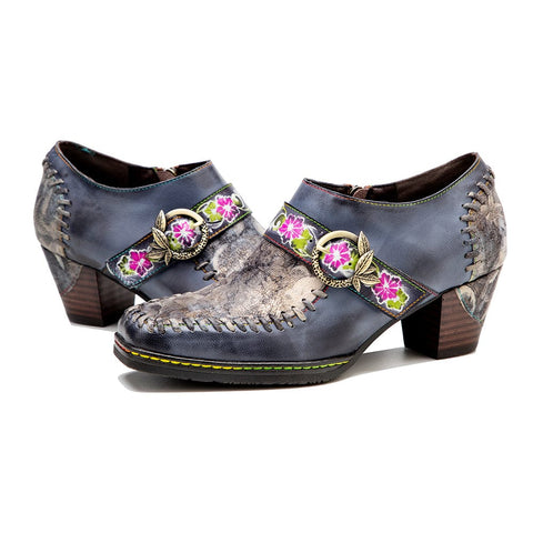 Square Toe Hand-painted Leather Pumps