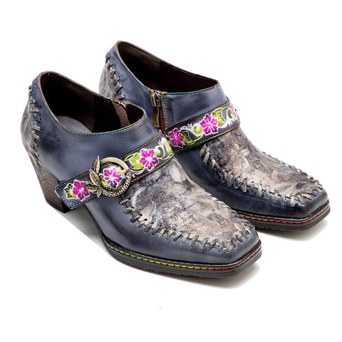 Square Toe Hand-painted Leather Pumps