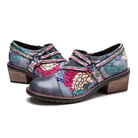 Hand Painted Leather & Velvet Panels Flat Retro Boots