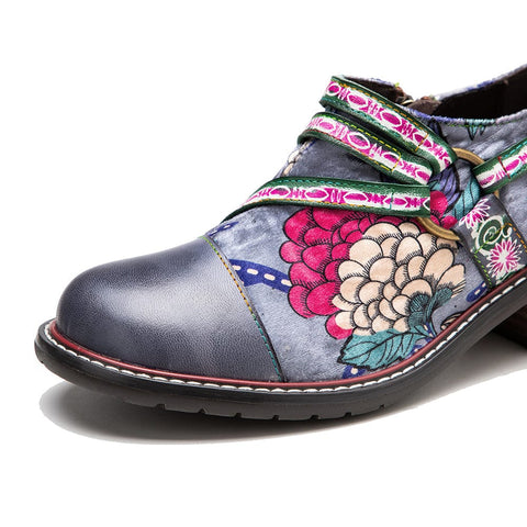 Hand Painted Leather & Velvet Panels Flat Retro Boots